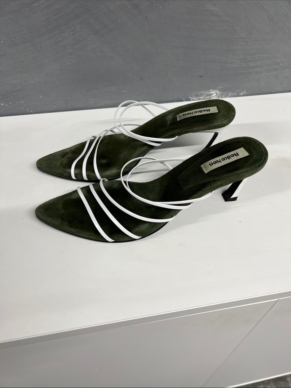 Reike Nen Olive Suede Pointed-Strap Mid Heels